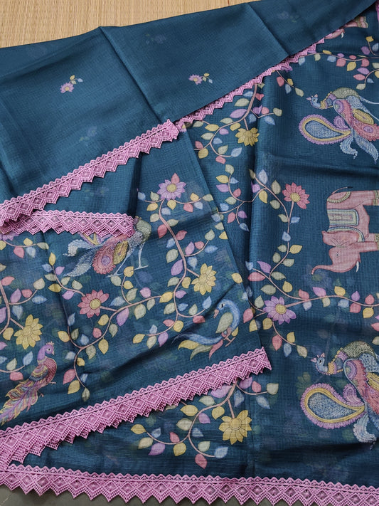 Peacock Green Colour Kota Silk Saree With Kalamkari Digital Print All Over Code : VB0125