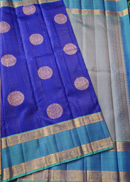 Blue Colour Kanchivaram Silk Saree With Zari Checks & Zari Butta All Over Code : KA0115