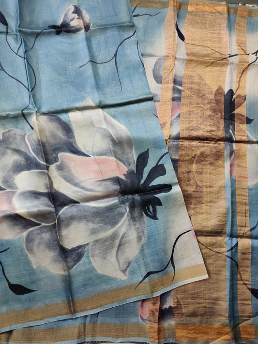 Sea Blue Colour Tussar Silk Saree With Floral Digital Print All Over Code : KT014