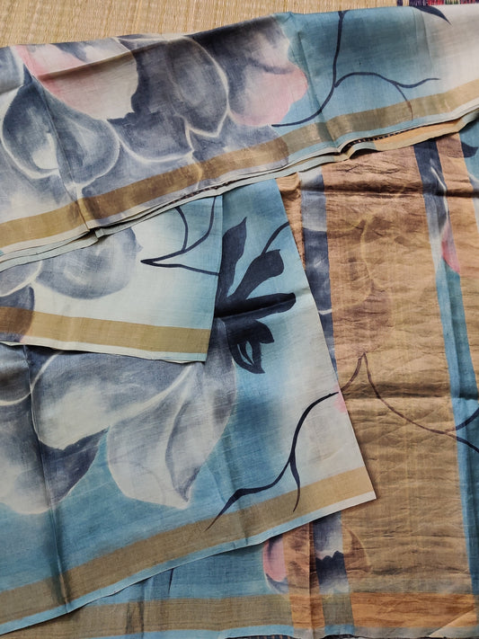 Sea Blue Colour Tussar Silk Saree With Floral Digital Print All Over Code : KT014