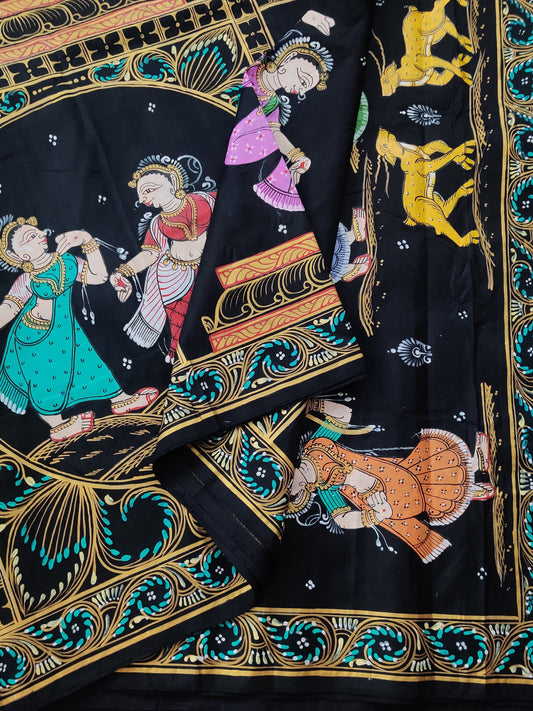 Black Colour Kanchivaram Silk Saree With Pattachitra Hand Painting All Over Code : KA0118