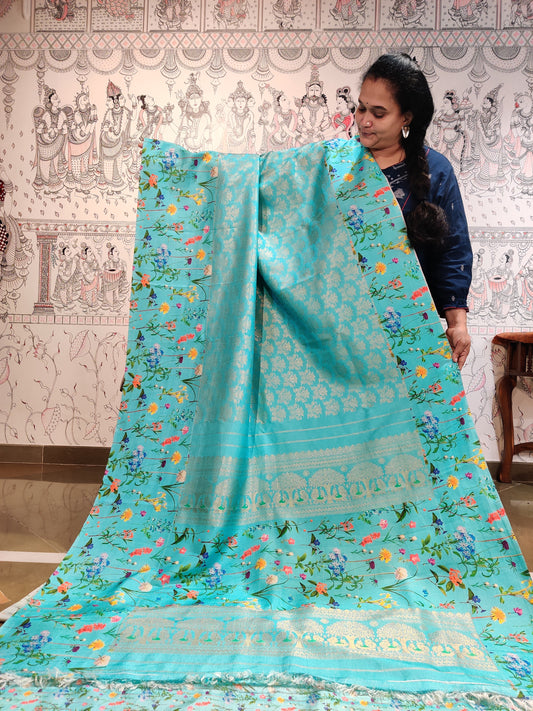 Sea Blue Colour Gadwal Silk Saree With Zari Motif All Over Code : GA003