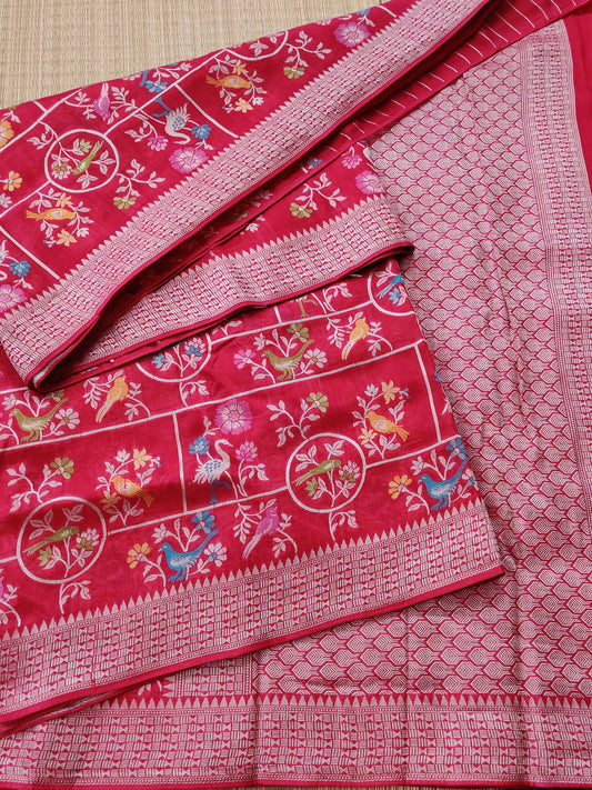 Reddish Pink Colour Semi Tussar Georgette Saree With Thread Woven Meenakari Body Code : VB0198