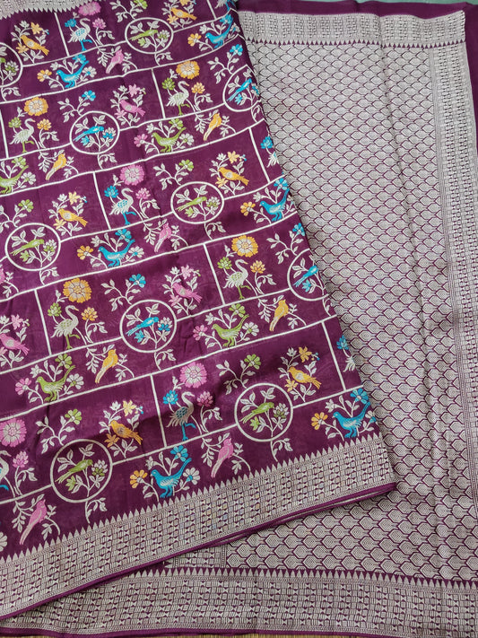 Wine Colour Semi Tussar Georgette Saree With Thread Woven Meenakari Body Code : VB0196