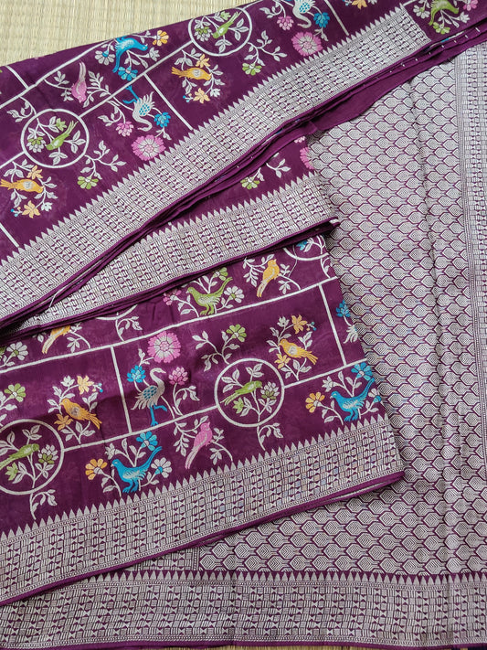 Wine Colour Semi Tussar Georgette Saree With Thread Woven Meenakari Body Code : VB0196