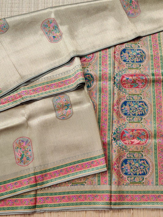 Pastel Green Colour Zari Brocade Semi Banarasi Saree With Thread Woven Butta All Over Code :VB0199