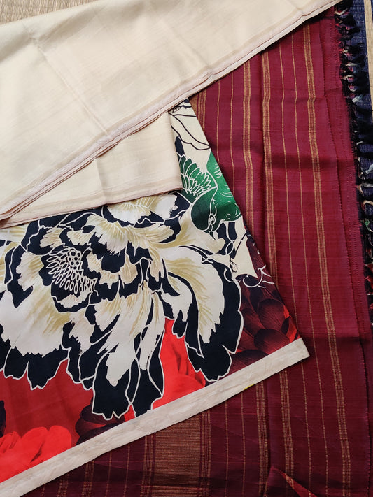 Cream Colour Borderless Kanchivaram Silk Saree With Digital Print All Over Code : KA0124