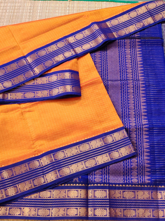Orange Colour Silk Cotton Saree With Zari Checks All Over Code : SC027
