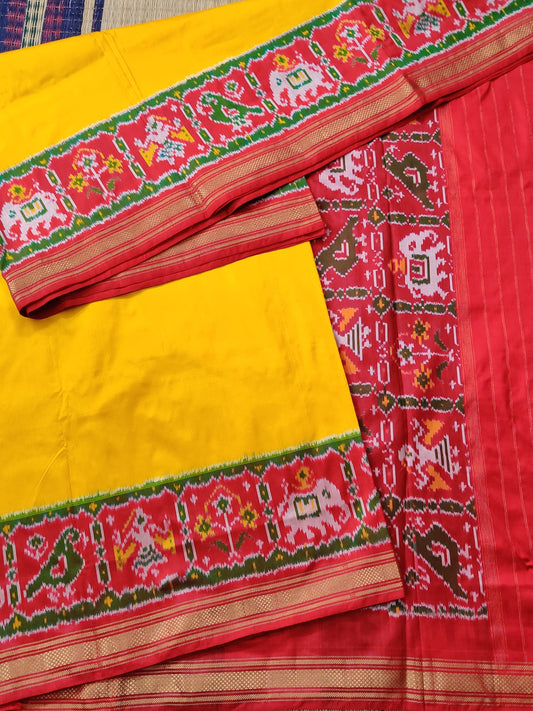 Yellow Colour Ikkat Silk Saree With Plain Body Code : IK012