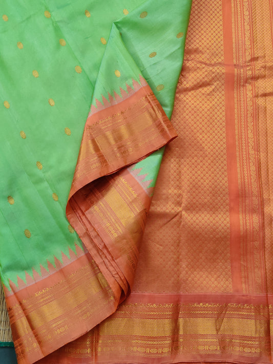 Pastel Green Colour Gadwal Silk Saree With Zari Butta All Over Code : GA004
