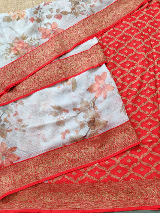 Off White Colour Kota & Georgette Fusion Silk Saree With Digital Print All Over : VB0228