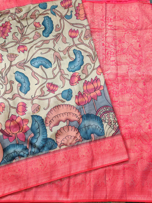 Light Yellow Colour Semi Banarasi Saree With Kalamkari Digital Print All Over Code : VB0220