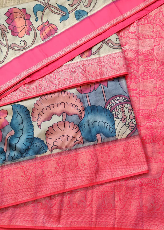 Light Yellow Colour Semi Banarasi Saree With Kalamkari Digital Print All Over Code : VB0220