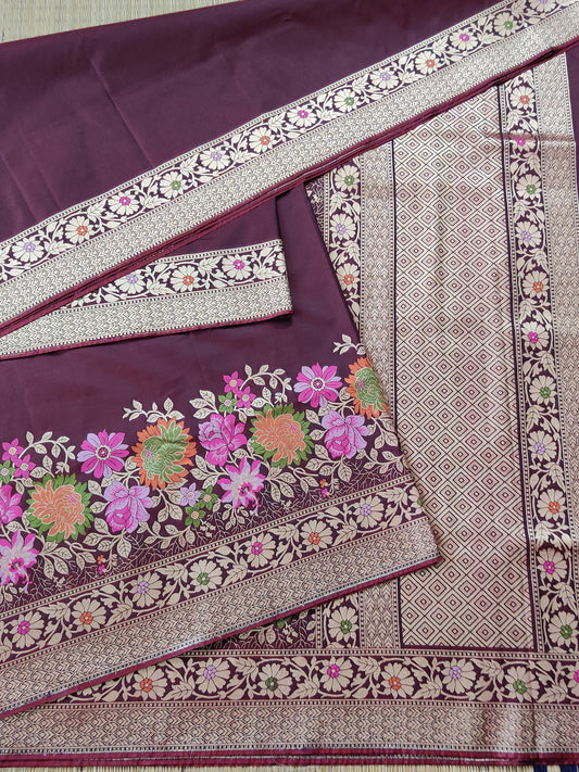 Maroon Colour Banarasi Silk Saree With Plain Body Code : VB0231