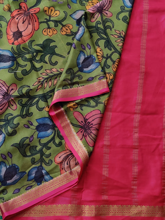 Mehndi Green Colour Mysore Silk Saree With & Kalamkari Digital Print All Over Code : KA0159
