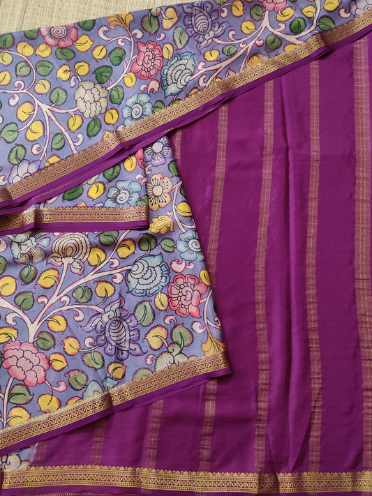 Brinjal Colour Mysore Crepe Silk Saree With Digital Print All Over Code : KA0160
