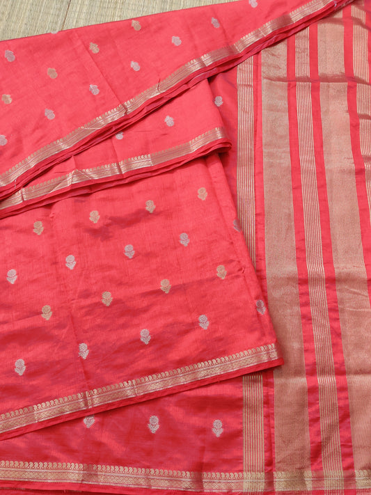 Red Colour Semi Tussar Saree With Gold & Silver Zari Butta All Over Code : VB0235