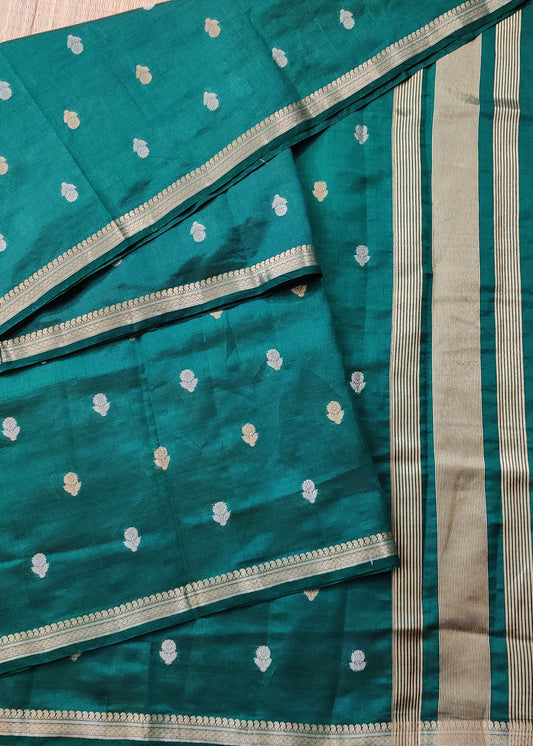 Green Colour Semi Tussar Saree With Gold & Silver Zari Butta All Over Code : VB0238