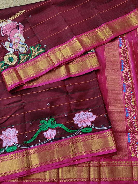 Maroon Colour Kanchivaram Silk Saree With Hand Painting All Over Code : KA0161