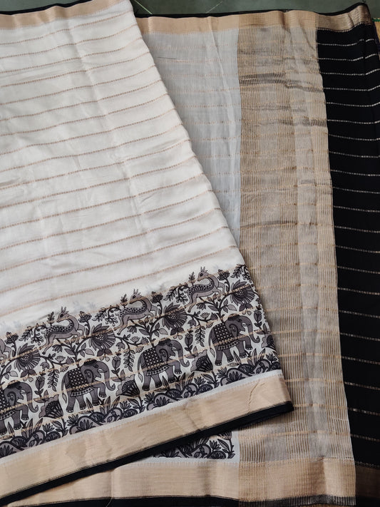 White Colour Semi Banarasi Saree With Zari Stripes All Over Code : VB0248