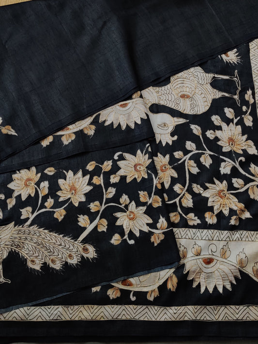 Black Colour Semi Tussar Saree With Plain Body Code : VB0254