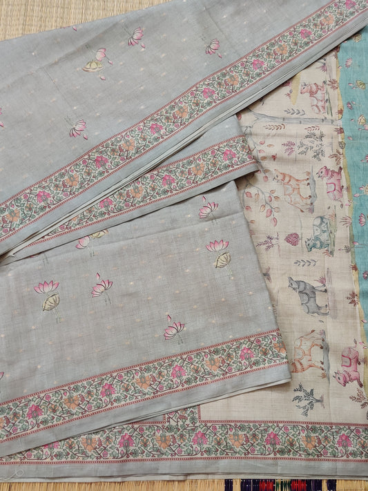 Grey Colour Semi Tussar Saree With Floral Digital Print & Small Zari Butta Body Code : VB0263