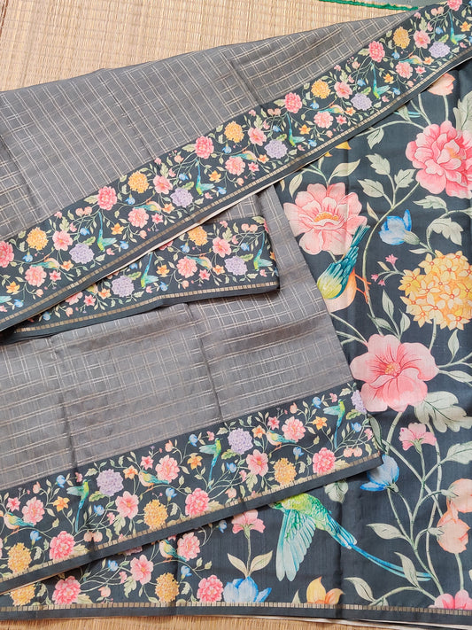 Grey Colour Semi Tussar Saree With Zari Checks All Over Code : VB0253