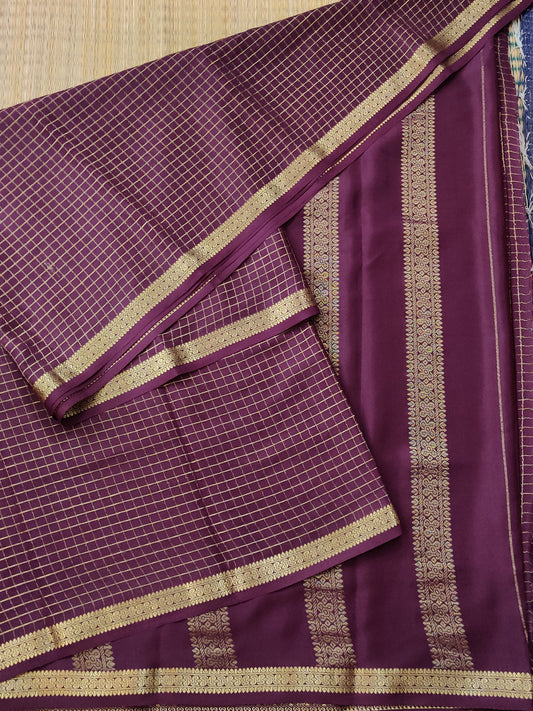 Brown Colour Mysore Crepe Silk Saree With Zari Checks All Over Code : KA0176