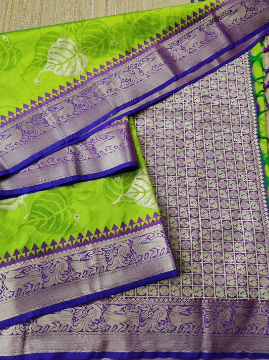 Parrot green colour semi banarasi saree with hand block print Code : VB0274