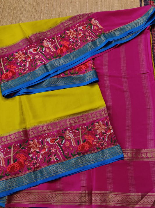 Mehandi Green Colour Mysore Crepe Silk Saree With Plain Body Code : KA0188