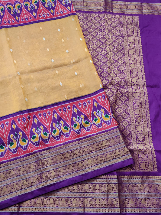 Gold Colour Tissue & Ikkat Fusion Saree With Gold & Silver Zari Butta All Over Code : VB0277