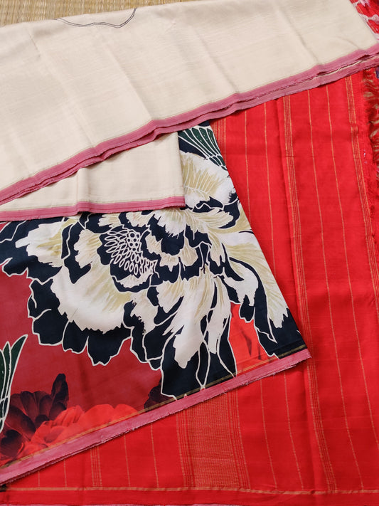 Cream Colour Borderless Kanchivaram Silk Saree With Digital Print All Over Code : KA0200