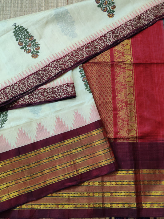 Cream Colour Silk Cotton Saree With Hand Block Print All Over Code : SC030