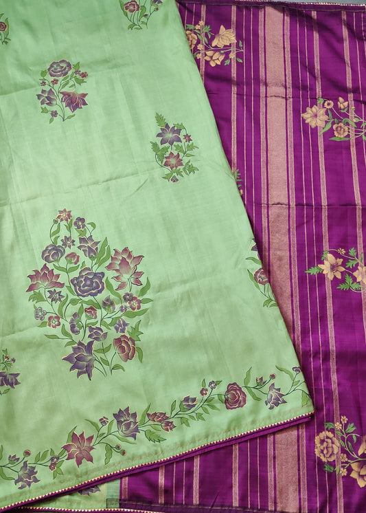 Pastel Green Colour Borderless Kanchivaram Silk Saree With Hand Painting All Over Code : KA0128