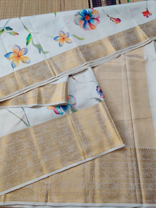 Off White Colour Kanchivaram Silk Saree With Digital Print All Over Code : KA0208
