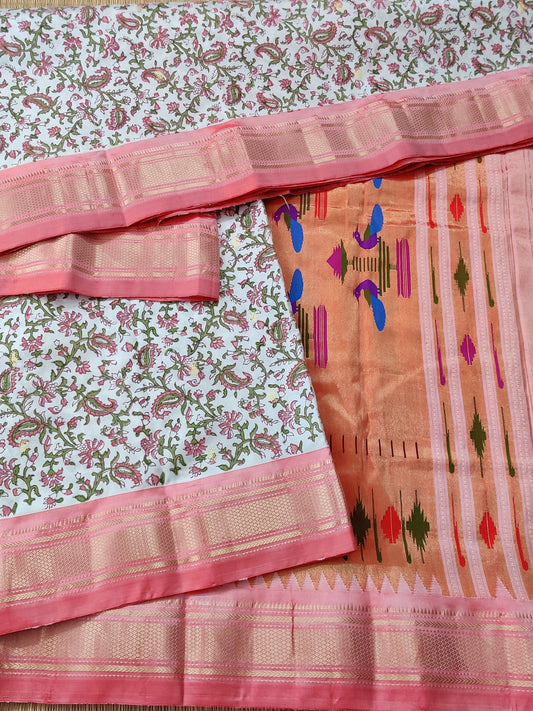 Off White Colour Paithani Silk Saree With Hand Block Print All Over Code : PA002