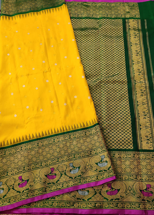 Lemon Yellow Colour Gadwal Saree With Zari Butta All Over Code : GA007