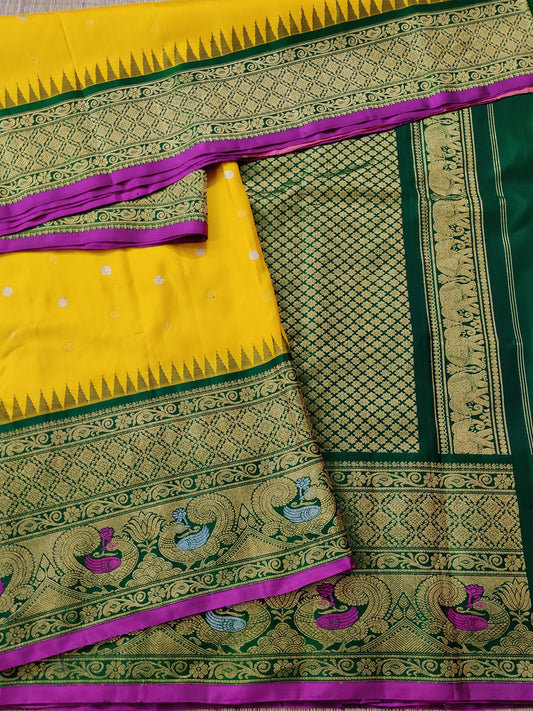Lemon Yellow Colour Gadwal Saree With Zari Butta All Over Code : GA007