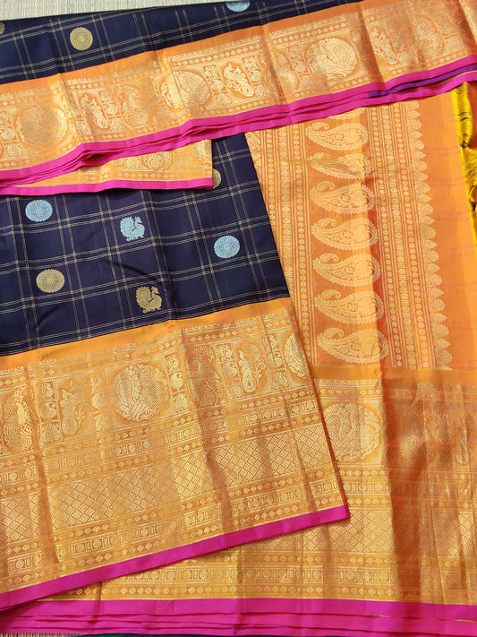 Dark Brown Colour Gadwal Silk Saree With Gold & Silver Zari Butta All Over : GA009