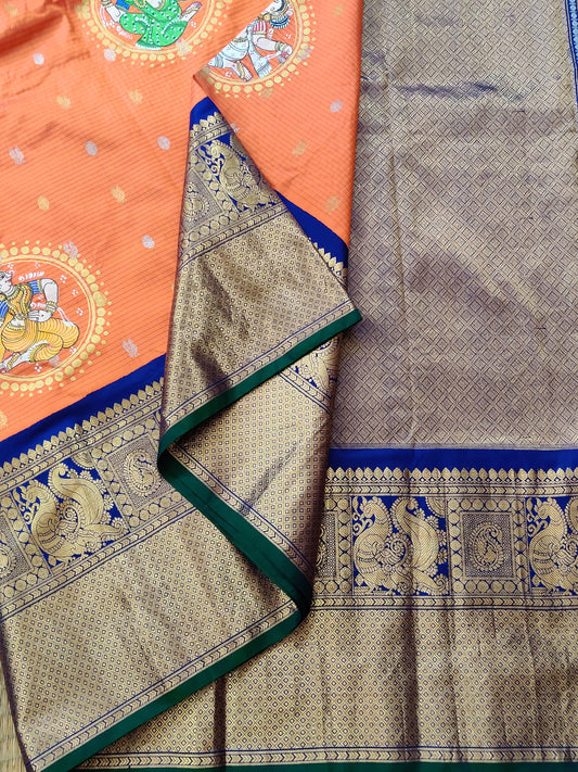 Orange Colour Gadwal Silk Saree With Zari & Pattachitra Hand Painting All Over Code : GA010