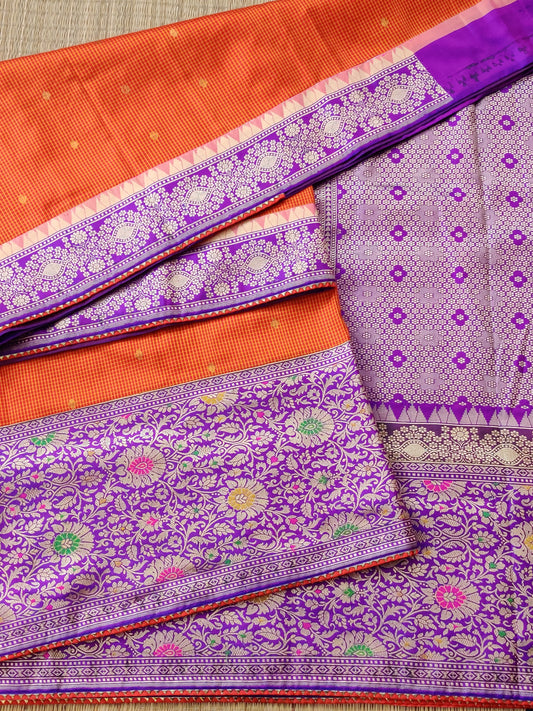 Orange Colour Gadwal & Banarasi Border Fusion Saree