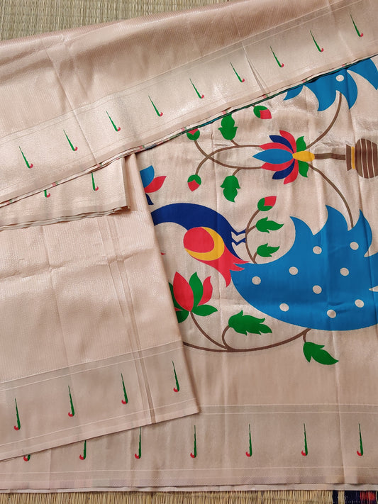 Light Peach Colour Semi Paithani Saree With Zari Brocade All Over Code : VB0298