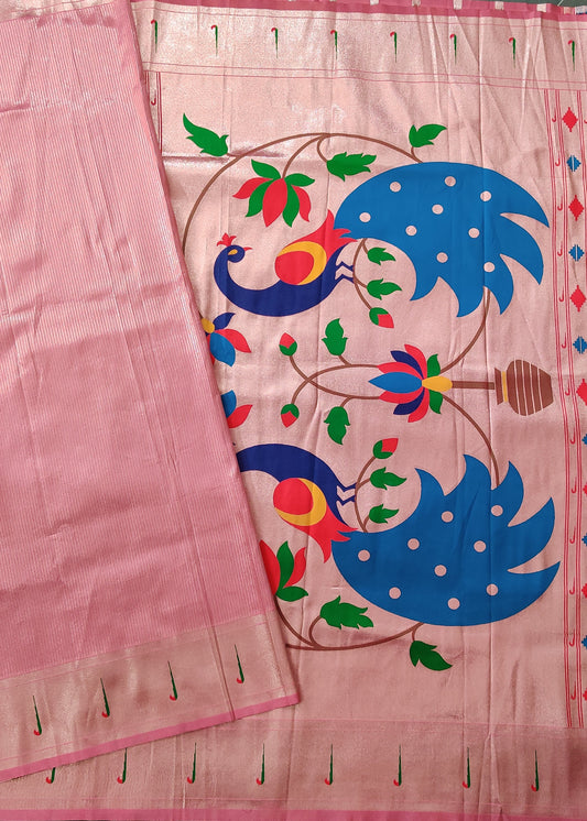Pink Colour Semi Paithani Saree With Zari Brocade All Over Code : VB0301