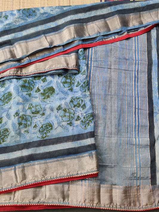 Blueish Grey Colour Chanderi Cotton Saree With Hand Block Print All Over Code : CH004