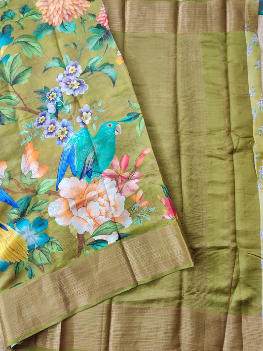 Mehandi Green Colour Tissue Raw Silk Saree With Digital Prints All Over Code : KA0222