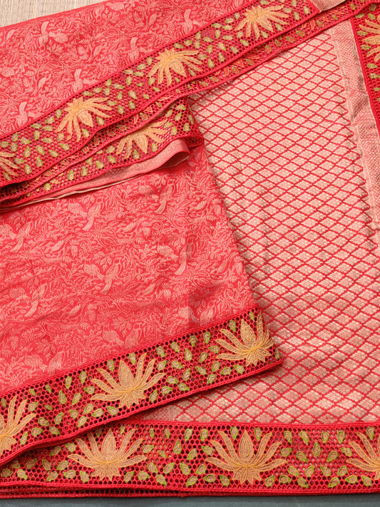 Red Colour Brocade Mysore Crepe Silk Saree With Zari Motif All Over Code : KA0232