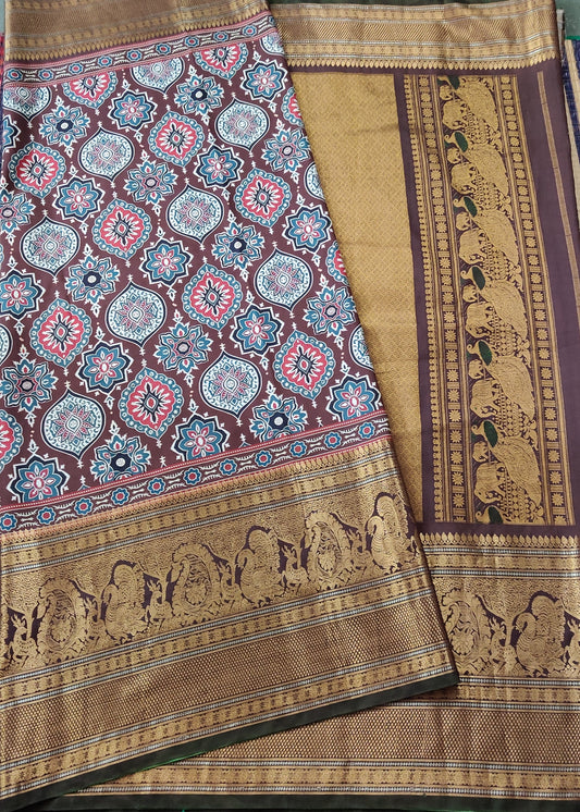 Brown Colour Gadwal Silk Saree With Ajrakh Digital Print All Over Code : GA011
