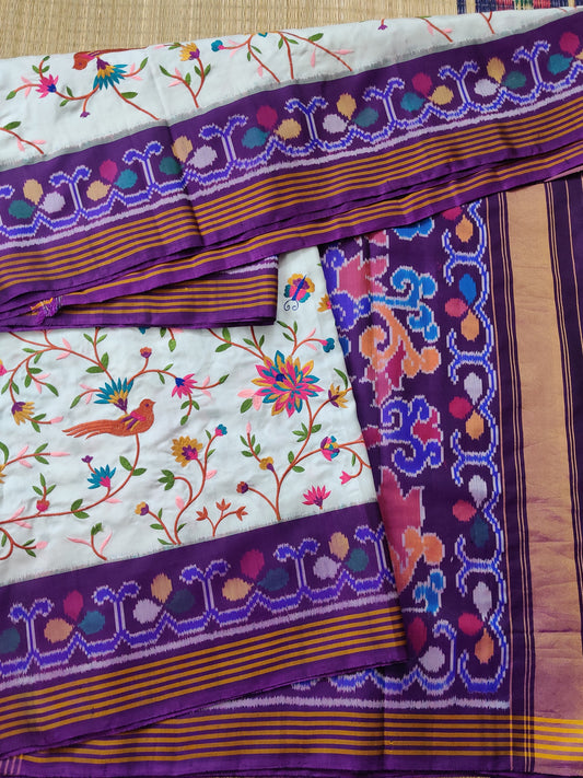 White Colour Ikkat Patola Saree With Parsi Gara Embroidery Work All Over