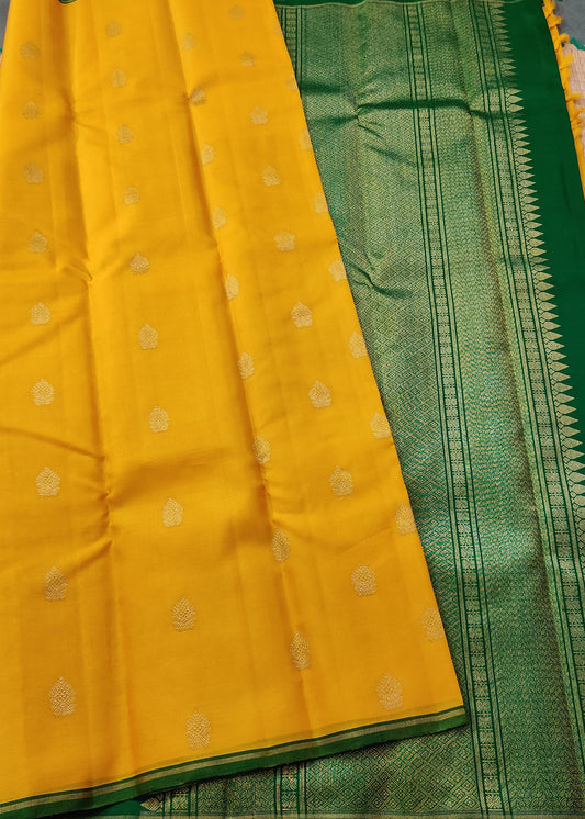 Yellow Colour Organza Kanchivaram Silk Saree With Zari Butta All Over Code : KA0242