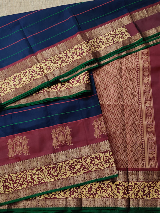 Navy Blue Colour Kanchivaram Silk Saree With Thraed Woven Stripes All Over Code : KA0249